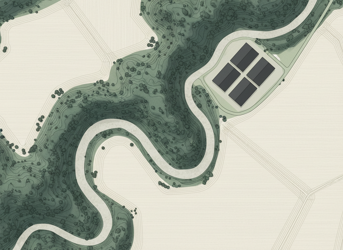 Illustrative overhead scene showing a river, forest, roads, and industrial buildings. Fictional terrain, not source imagery or a client finding.